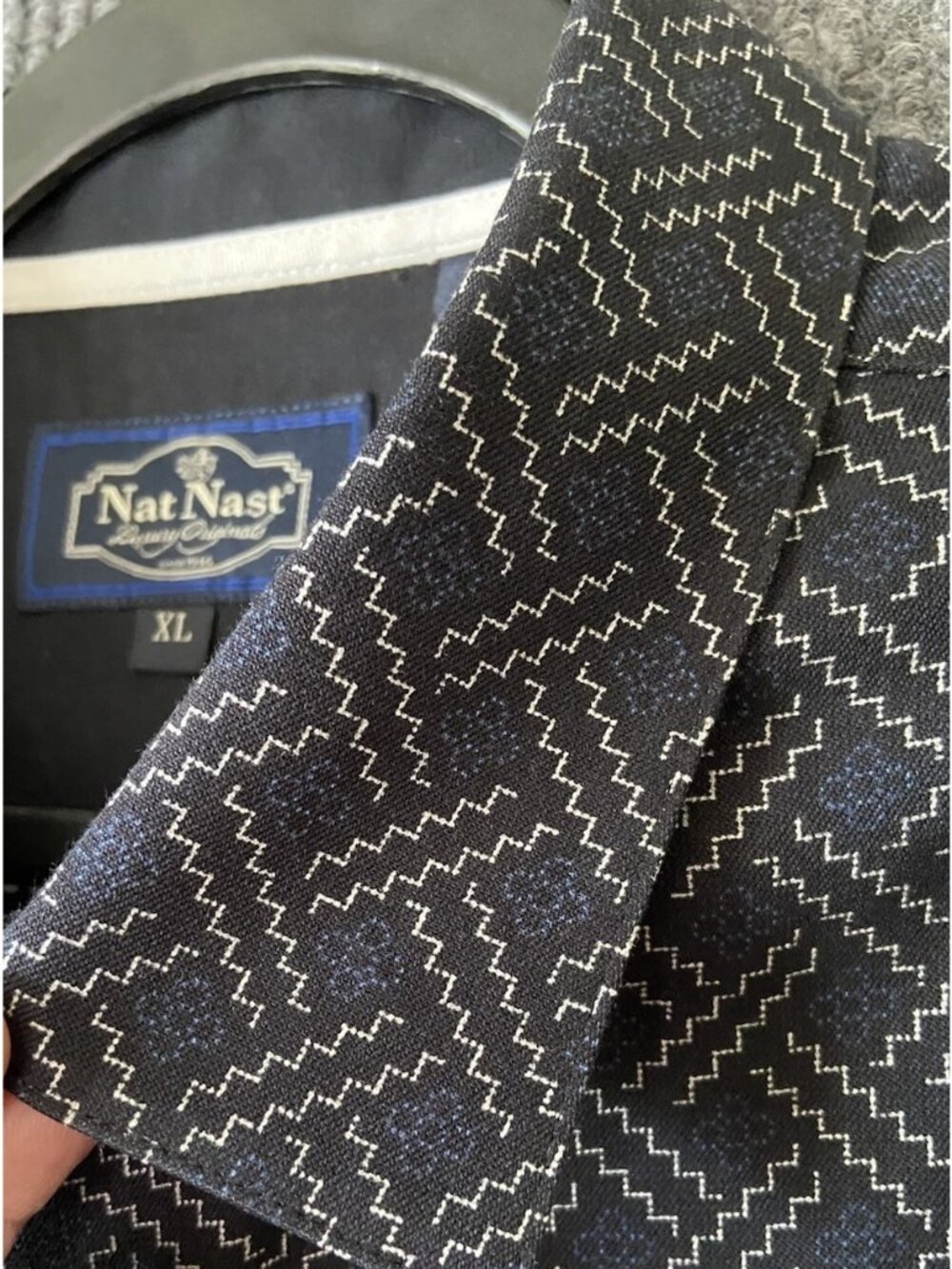 Nat Nast Button Up Shirt Mens XL Navy Blue Silk Cotton Geometric Short Sleeve